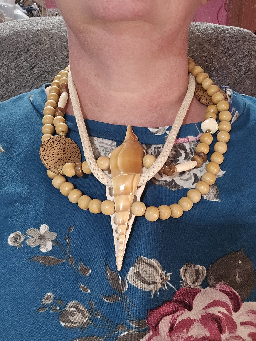 Hand Crafted Cream & Tan Shell Pendant Multi-Strand Necklace